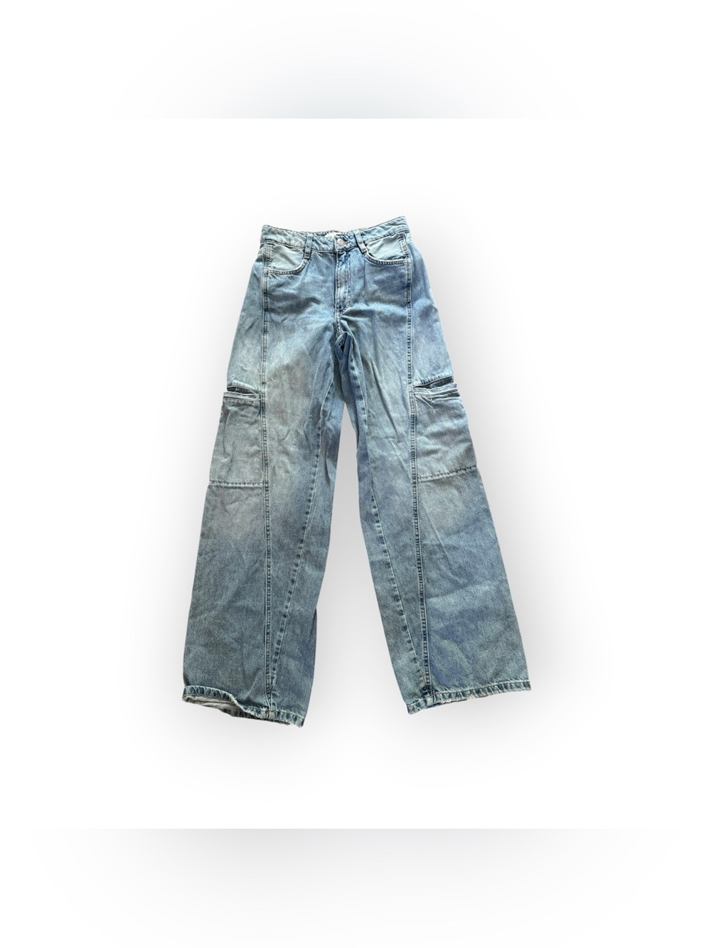 Zara Wide Leg Cargo Denim Jeans - Light Blue